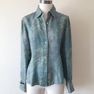 Lafayette 148 silk blouse button down green paisley floral shirt